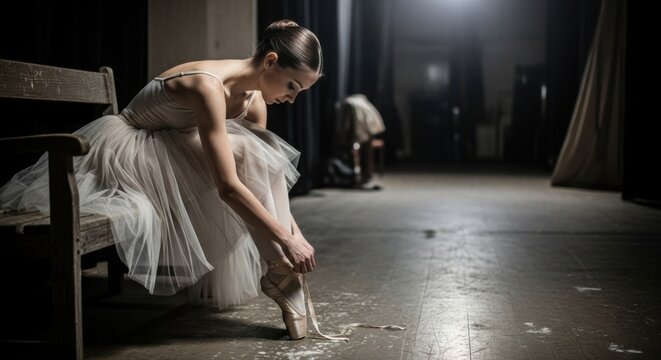 Young Ballet Dancer Prepares for Performance on Stage Backstage