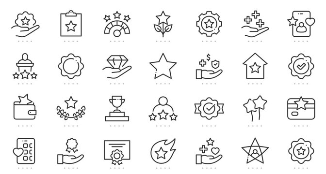 Line icons collection of star, reward, badge, rating, trophy, medal, certificate, approval, achievement, recognition, loyalty, editable stroke