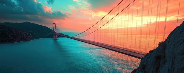 Witness a breathtaking sunset over a vast suspension bridge.