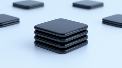 A stack of four black square objects.