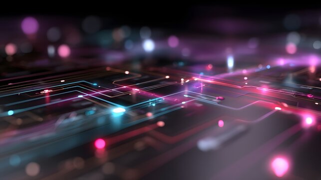 Futuristic abstract tech background with glowing circuit patterns, neon accents and dark gradient tones, ideal for high tech design and text overlay