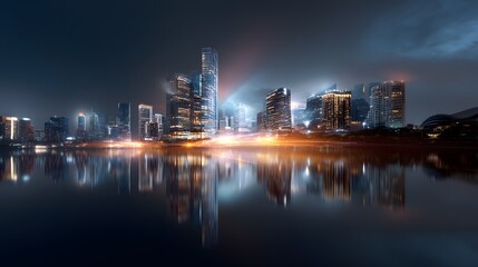 Naklejka premium Dramatic nighttime urban skyline with glowing skyscrapers and shimmering water reflections, creating a modern cinematic cityscape ideal for text overlays