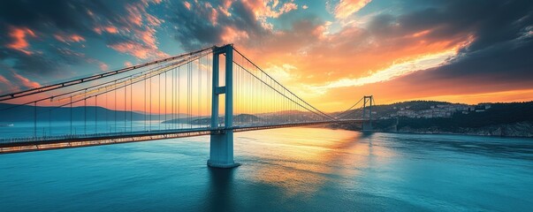Witness a breathtaking sunset over a vast suspension bridge.