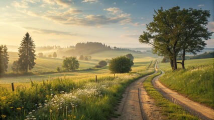 Countryside Dirt Road through Green Fields at Sunset