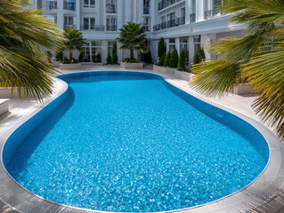 Elegant hotel courtyard with a curved, blue swimming pool surrounded by palm trees and a white luxury building, creating a serene and upscale tropical ambiance.
