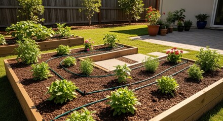 Obraz premium Medium shot of a backyard with a zerorunoff irrigation setup showcasing soil beds designed to absorb all applied water without excess drainage.