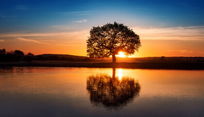 Obraz premium Sunset Tree Reflection Solitary Tree Silhouetted Against A Vibrant Sunset Perfectly Reflected In Calm Water Serene Nature Scene