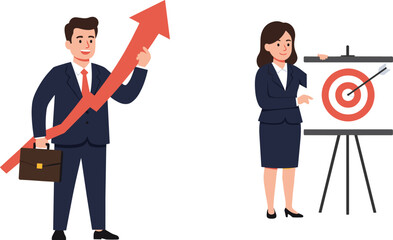 Business people achieving success with growth arrow, target goal achievement, strategic planning, career progress, financial development, teamwork, business strategy illustration