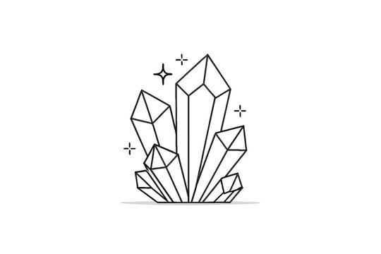 A minimalist line art illustration of a cluster of geometric crystals with sparkling stars on a white background - Powered by Adobe