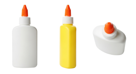 Arts and Crafts Glue Bottles Variety Yellow White Orange Caps Plastic Crafting Supplies on transparent background
