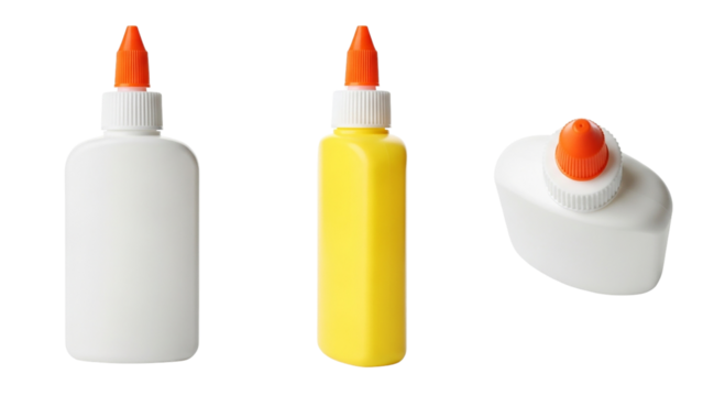 Arts and Crafts Glue Bottles Variety Yellow White Orange Caps Plastic Crafting Supplies on transparent background