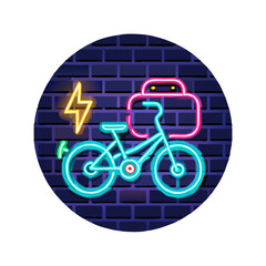 Electric bike in charge. Glowing neon icon on brick wall background .vector