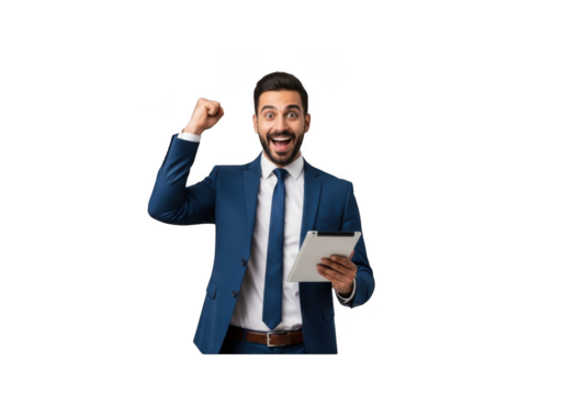 Excited businessman celebrating success holding tablet wearing suit cheering achievement isolated on transparent background