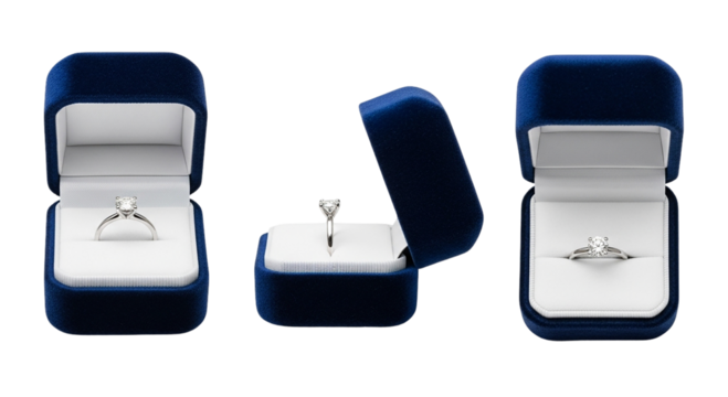 Diamond Ring in Royal Blue Velvet Box Engagement Wedding Proposal Love Celebration Luxury Gift on transparent background - Powered by Adobe