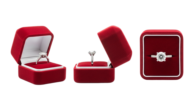 Diamond ring in red velvet box elegant jewelry gift proposal love wedding engagement promise on transparent background