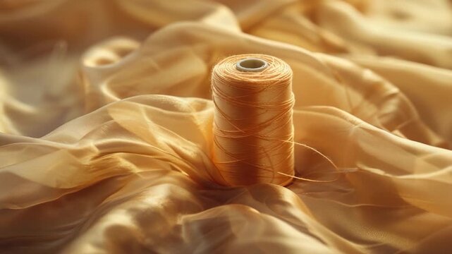 A single spool of thread sits atop a bed, awaiting use