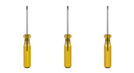 Three Screwdrivers on Black Background Hand Tools Repair Equipment Yellow Handle Metal on transparent background