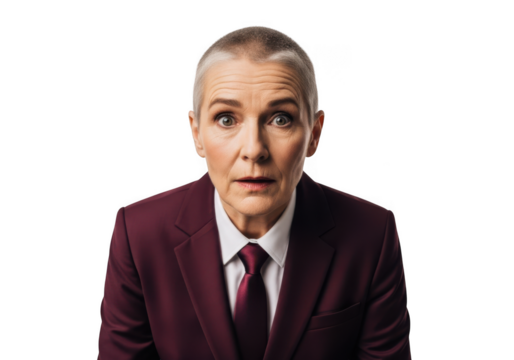 Shocked woman in burgundy suit, portrait, expression, fear, surprise, reaction, businesswoman, isolated on transparent background