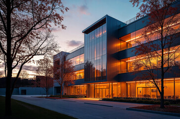 Obraz premium Modern glass office building glowing at dusk, warm interior lights contrasting with the cool evening sky. Contemporary architecture, autumn trees, calm corporate environment.