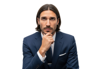 Thoughtful businessman in suit posing with hand on chin, portrait of a pensive professional, stock photo, isolated on transparent background