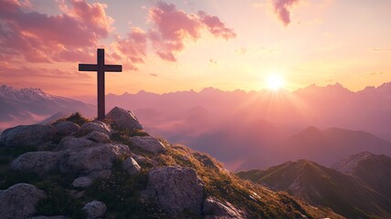 A majestic illustration of a wooden cross silhouetted on a rocky mountaintop at sunrise, overlooking a vast range of misty mountains, sky is filled with soft clouds touched by the morning sun