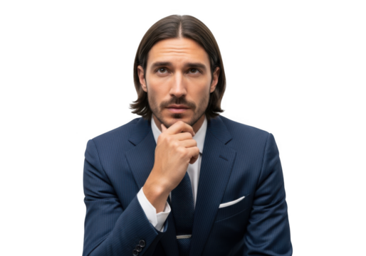 Thoughtful businessman in suit posing with hand on chin, portrait of a pensive professional, stock photo, isolated on transparent background - Powered by Adobe