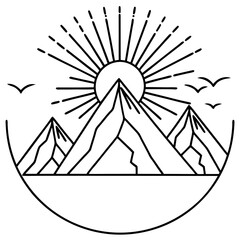 Sacred Mountain with Sun Rays line art  Vector