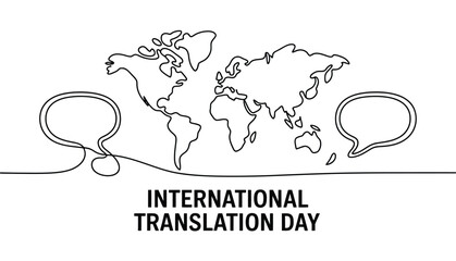 International Translation Day minimalist illustration with world map and speech bubbles symbolizing global language connection and communication