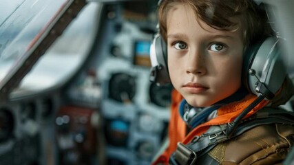 A young boy wearing orange and blue is sitting in a cockpit. He is wearing headphones and has a serious look on his face - Powered by Adobe