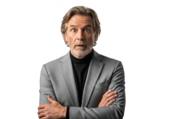 Shocked business man portrait in gray suit with surprised expression, mature male executive with open mouth, isolated on transparent background