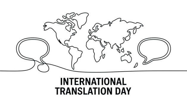 International Translation Day minimalist illustration with world map and speech bubbles symbolizing global language connection and communication