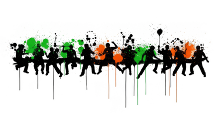 Rowdy silhouettes celebrate atop dripping colorful paint