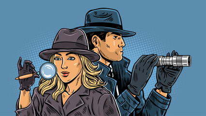 Detective duo with magnifier and spyglass noir poster