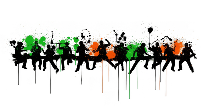 Rowdy silhouettes celebrate atop dripping colorful paint