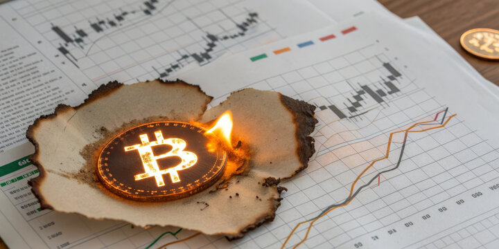 Burnt chart paper glowing coin crypto symbol flame risk volatility market chart finance investment crisis sentiment surge burnt chart paper with glowing coin and crypto symbol flame, risk
