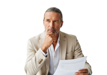 Thoughtful mature businessman analyzing documents, planning strategy and considering options isolated on transparent background