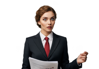 Shocked businesswoman holding documents expressing surprise and concern isolated on transparent background