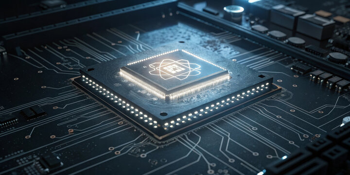 Quantum processor microchip circuit board glow neon futuristic technology ai Quantum processor microchip circuit board with glow and neon light, futuristic technology and ai concept, sleek