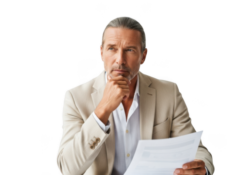 Thoughtful mature businessman analyzing documents, planning strategy and considering options isolated on transparent background