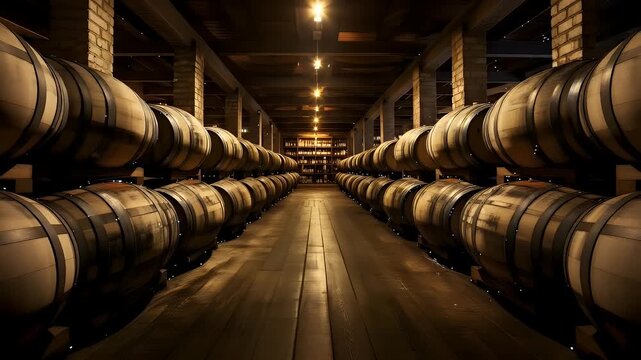 Whiskey aging in a cellar with rows of wooden barrels under warm lights in a distillery, perfect for branding and advertising