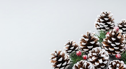 Charming display of snowdusted pine cones and red berries arranged on a soft gray surface, perfect for adding a touch of winter to your designs