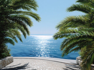 tropical ocean view framed by palm trees on a sunny day, sun glinting off the water, clear blue sky, peaceful and inviting stone pathway leading to the sea