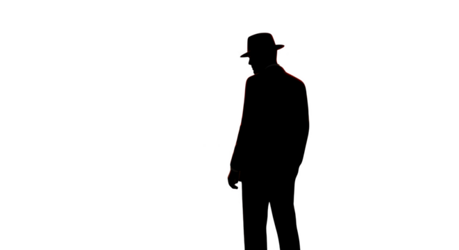 Shadowy figure wearing a fedora standing silhouetted