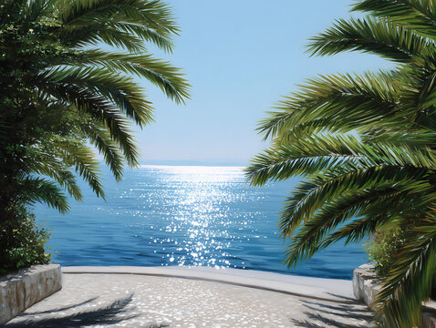 tropical ocean view framed by palm trees on a sunny day, sun glinting off the water, clear blue sky, peaceful and inviting stone pathway leading to the sea