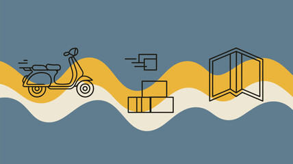 A simple illustration of a scooter packages and an open book on a wavy background design element art