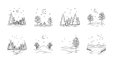 Whimsical hand drawn winter forest scenes with falling snow silhouette