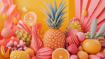 A vibrant still life composition of tropical fruits, featuring a central pineapple and citrus in a colorful, surreal artistic display