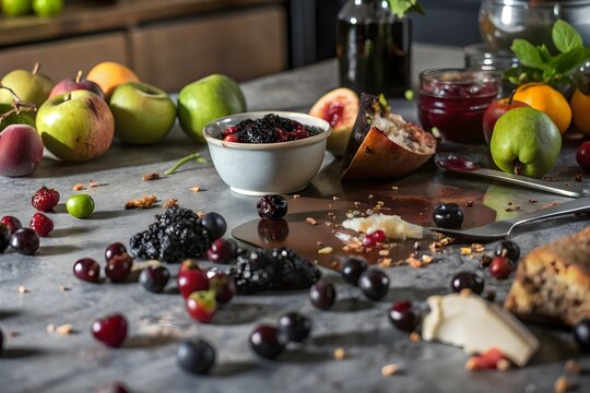 Colorful kitchen countertop with fresh fruits, berry dessert, jam jars, crumbs, and a sliced pomegranate in a rustic, appetizing setup