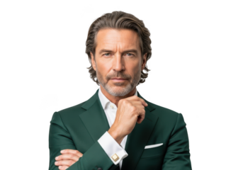 Professional businessman portrait in green suit, confident executive with gray hair, isolated image for business and creative projects isolated on transparent background