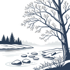 Bare tree branches overlook a serene winter landscape with a calm lake and evergreen forest